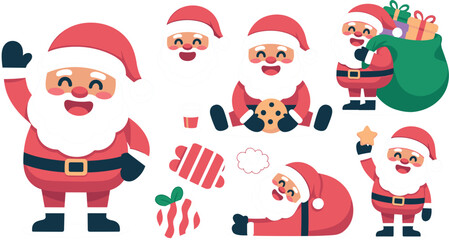 Fototapeta premium Cute Cartoon Santa Claus Character Vector Set with Various Poses Holding Gift Bag Eating Cookie Candy and Waving for Christmas Holiday Graphic Designs