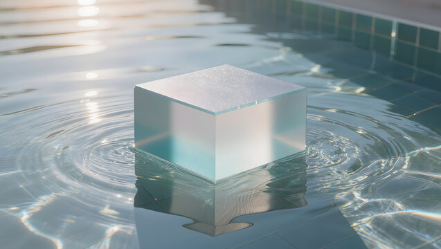 Clear glass cube podium floating on water surface with gentle ripples in swimming pool