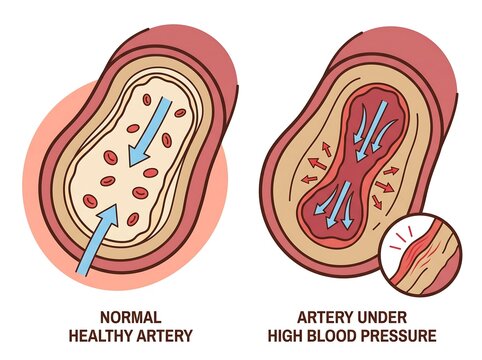 Comparison illustration showing a normal healthy artery versus an artery suffering from high blood pressure with medical illustration circulatory system blood flow arterial wall medical diagram