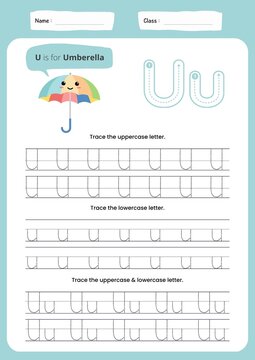 Educational worksheet for children to practice writing and tracing uppercase and lowercase letter U. Printable handwriting practice activity page designed for preschool, kindergarten, and early elemen