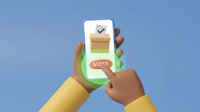 Hands holding a smartphone and tapping a vote button for election