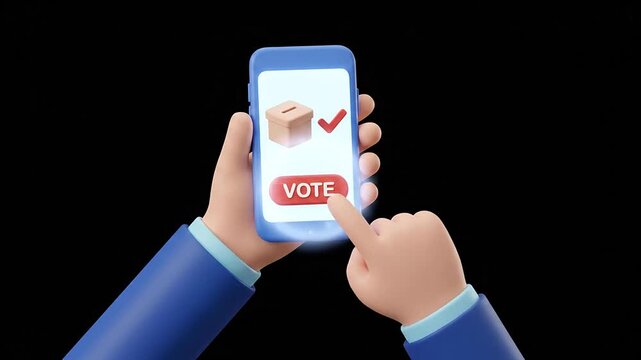 Online Voting Concept with 3D Cartoon Hand Touching Smartphone Button