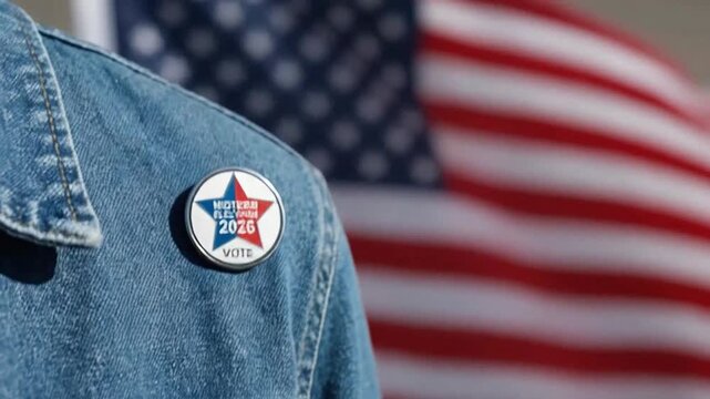 Person wearing a midterm election vote button with an American flag background