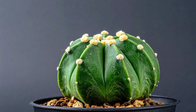 Macro close up of an Astrophytum asterias cactus in a pot against grey background