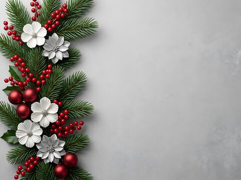 Festive red berry and silver flower christmas border on a clean grey stone texture background for copy