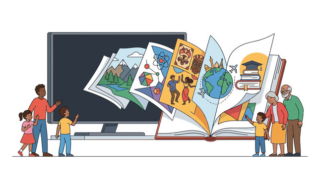 Family learning from digital and traditional sources, books and computer screen showing diverse educational content, isolated illustration