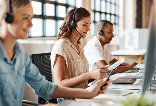 Customer service, call center and woman with document for help desk, support ticket or email thread. Reading paperwork, headset and person in office for chat transcript, client history and coworking