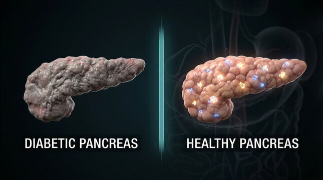Comparison of a diabetic pancreas and a healthy pancreas in a medical 3D anatomical illustration