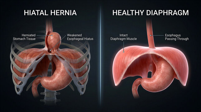 Anatomical comparison of a hiatal hernia versus a healthy diaphragm in a 3D medical illustration