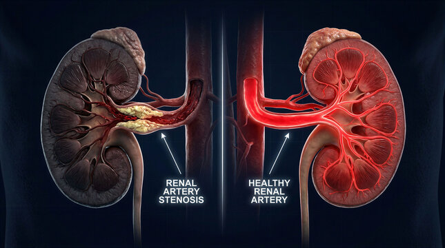 Medical comparison of a healthy kidney and one affected by renal artery stenosis condition