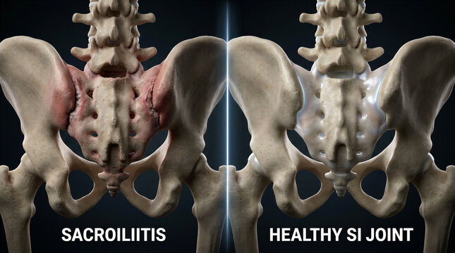 Comparison of sacroiliitis inflammation versus a healthy sacroiliac joint in human anatomy