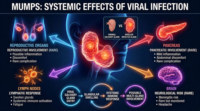 Medical infographic showing systemic effects and complications of mumps viral infection