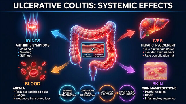 Medical infographic showing the systemic effects and complications of ulcerative colitis disease
