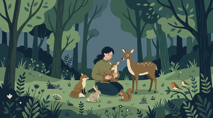 Fototapeta premium Woman gently holds fawn in peaceful forest with diverse woodland animals