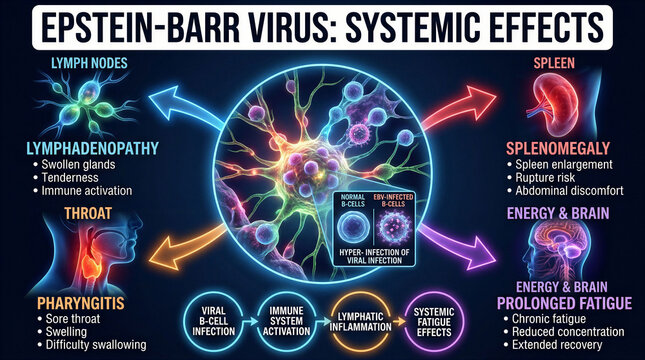 Medical infographic showing the systemic effects and symptoms of Epstein-Barr virus infection