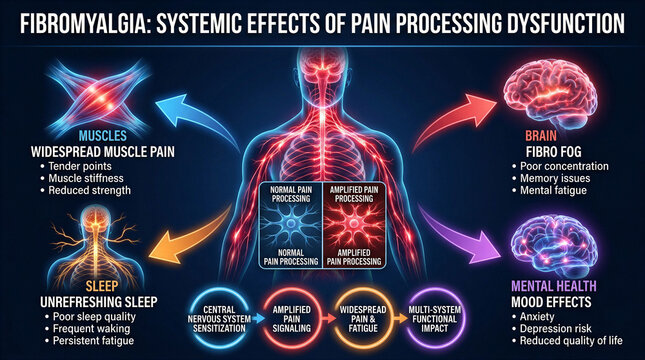Medical infographic illustrating the systemic effects and pain processing of fibromyalgia
