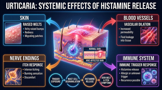 Medical infographic explaining the systemic effects of histamine release on human skin health
