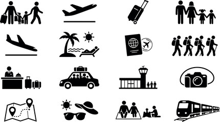 Set of black travel and tourism icons featuring transportation and vacation themes © MdHamid