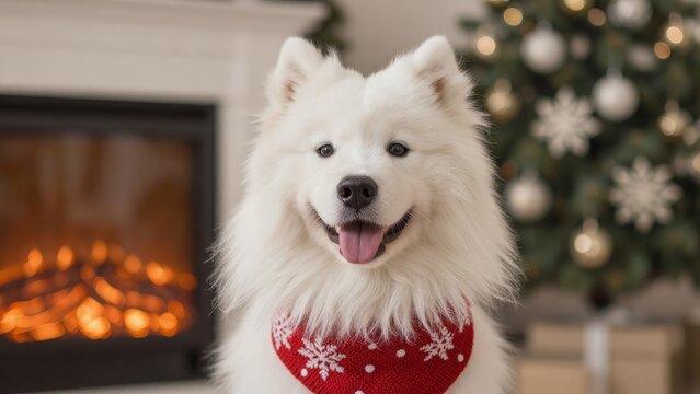 Happy Samoyed Dog in Christmas Scarf Near Cozy Fireplace