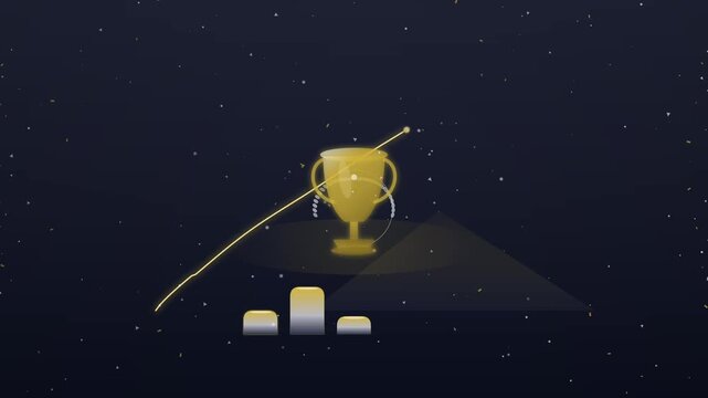Golden trophy award with rising growth chart and success trajectory on dark starry night sky background