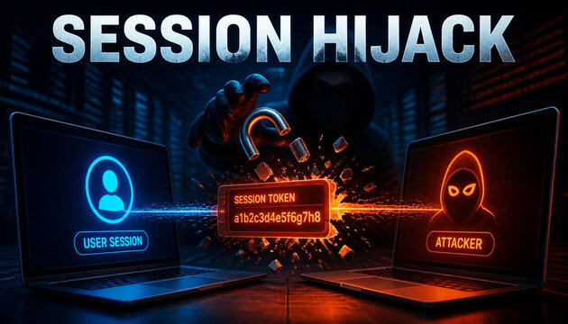 Cybersecurity concept showing a session hijack attack between two laptops