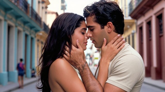 Romantic Couple Embracing in City Street During Golden Hour