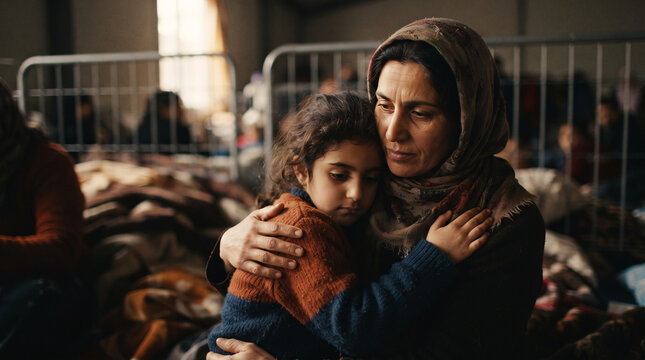 Mother hugs distressed child in refugee camp with cots and blankets