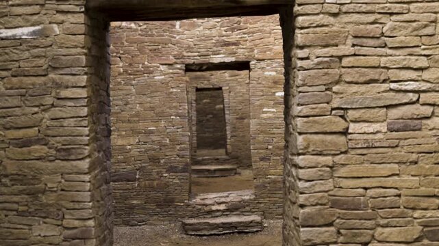 Cinematic interior shot of Pueblo Bonito at Chaco Culture National Historic Park in New Mexico, USA