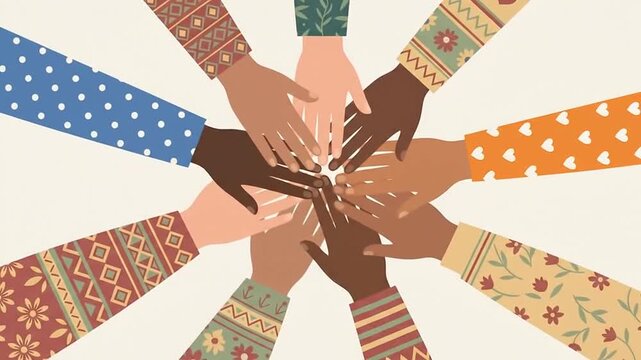Diverse multicultural hands coming together in a circle for unity, teamwork, and community partnership.