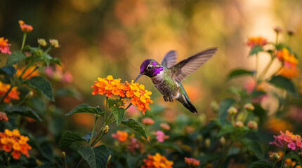 Fototapeta premium Hummingbird feeding on vibrant orange flowers in soft focus garden