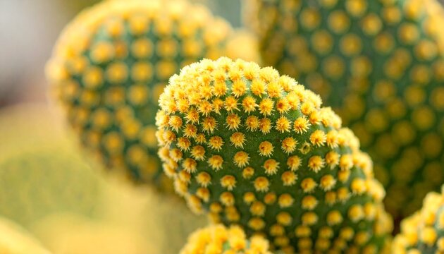 Macro close-up of a green bunny ears cactus with yellow glochids