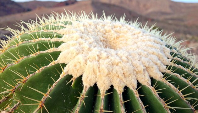 Extreme close-up of a golden barrel cactus with woolly areoles and sharp spines
