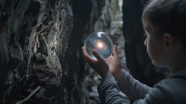 Child Holding Glass Orb in Mysterious Forest Environment