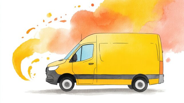 Watercolor illustration of a yellow delivery van driving fast with abstract motion paint splashes