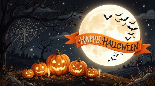 A spooky halloween night scene with jack o' lanterns a full moon bats and a festive halloween banner displaying 'happy