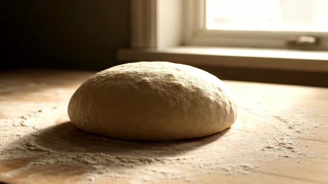 Fresh bread dough resting on a wooden surface while preparing for baking with soft window light and a moody atmosphere