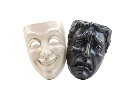 Comedy and tragedy masks, white and black, representing solated on transparent background