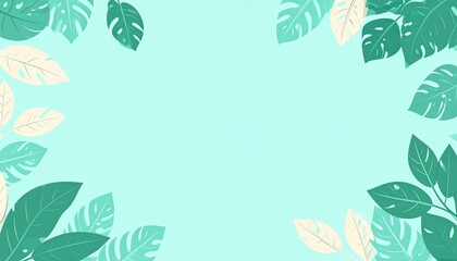 Fototapeta premium Soft green leaves border frame on a pale mint background with copy space for text