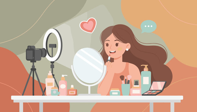 Creative beauty blogger recording a makeup tutorial video for her social media channel in flat style.
