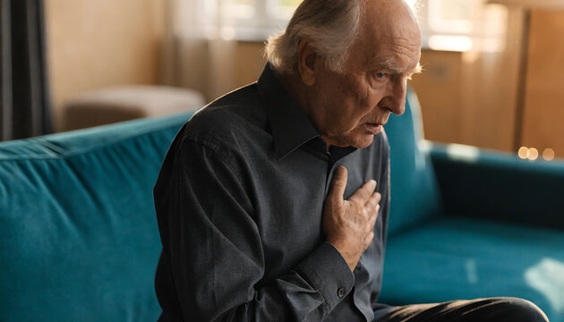 Senior Man Experiencing Chest Pain at Home &ndash; Heart Health and Medical Emergency Concept