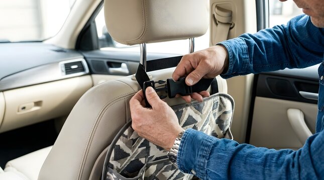 Close-up of man's hands installing a patterned car seat back organizer by fastening the plastic buckle around the headrest in a modern vehicle interior with luxury beige leather seats.