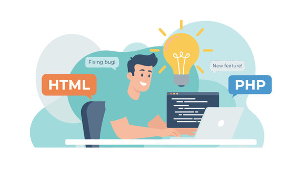 Enthusiastic software developer typing on laptop and getting innovative ideas for HTML and PHP web programming.