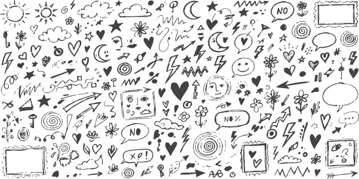 Distressed white and grey hand drawn doodle icon set. Texture vector illustration with doodle and icon detail. Great for backdrop, print and web.
