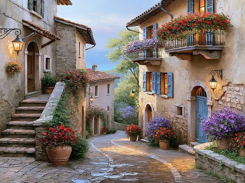 Romantic village street at dusk with flowers