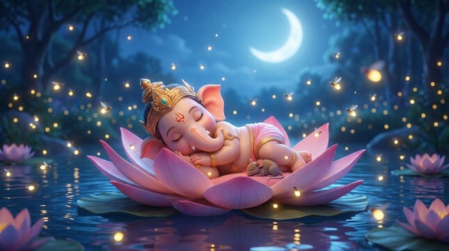 A serene digital illustration of baby Ganesha sleeping peacefully on a pink lotus flower in a magical nighttime pond scene.