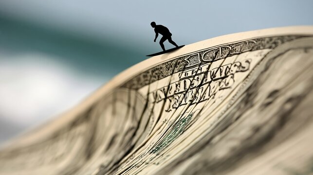 Silhouette surfer rides wave formed by dollar bill