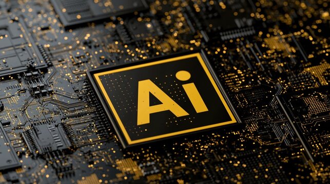 Golden ai chip on circuit board with glowing