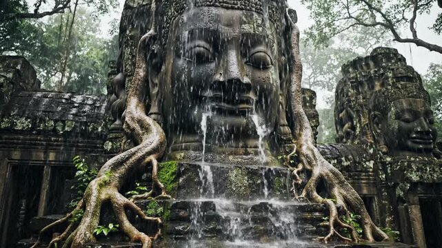 Ancient stone temple faces overgrown with jungle tree roots.
