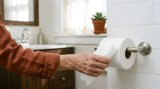 Senior person's wrinkled hand reaching for white toilet paper from a metal holder on a white tile wall in a clean and bright domestic bathroom, concept of aging, health care and personal hygiene.