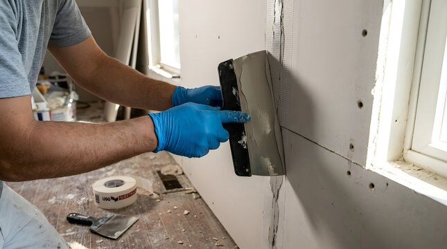 Professional worker wearing blue nitrile gloves applying white joint compound to drywall seams with a metal putty knife during an interior home renovation and wall finishing project.